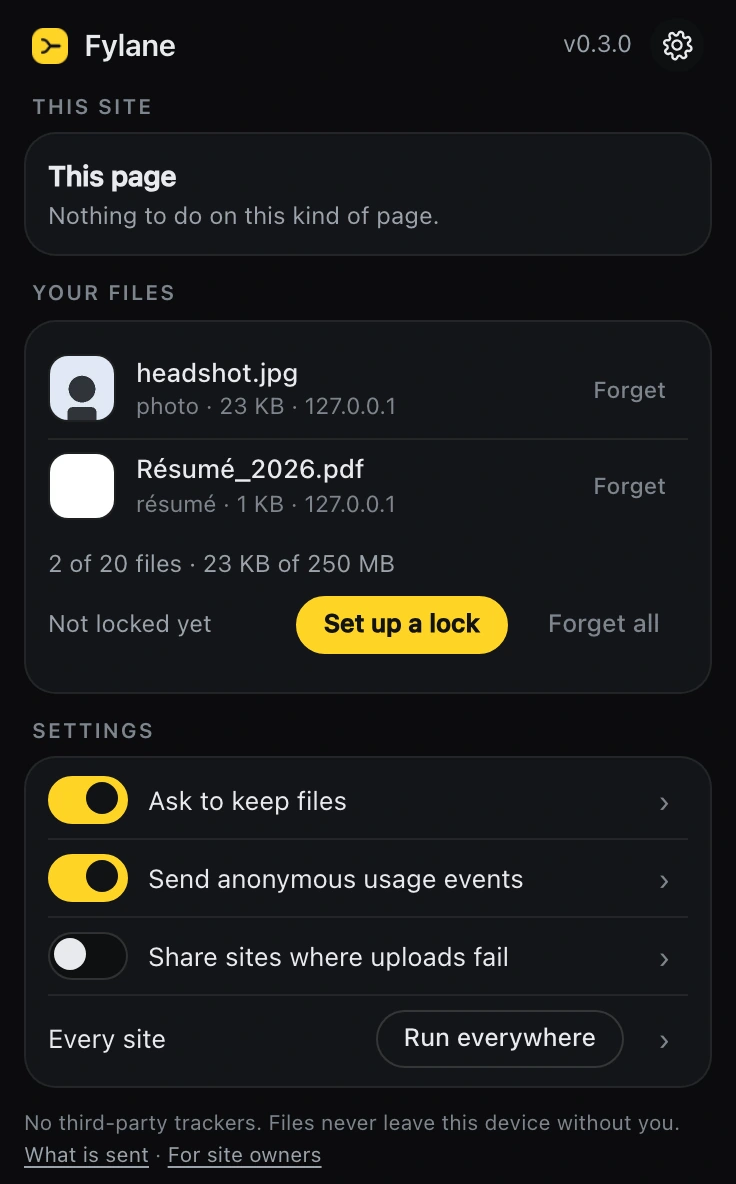 The same panel in dark mode with the gear turned: a Settings card of four switches — ask to keep files, send anonymous usage events, share sites where uploads fail, and run everywhere.