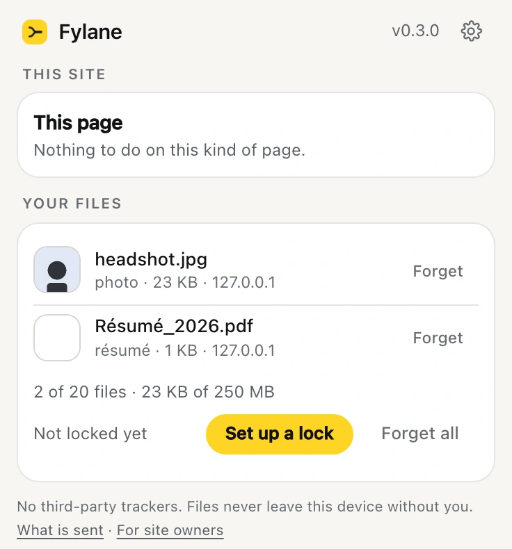 The Fylane extension panel as it opens: a This site card, and a Your files card listing headshot.jpg and Résumé_2026.pdf with a Set up a lock button. A gear sits in the header.